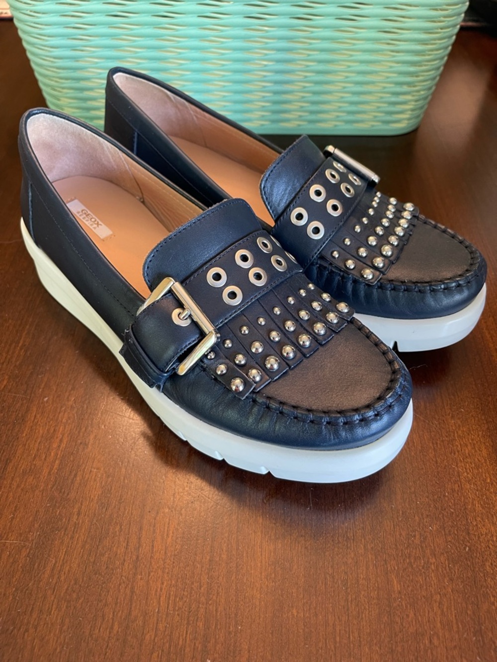 GEOX Wimberly Leather Penny Loafers Lug so Embellished, Navy - SZ 10